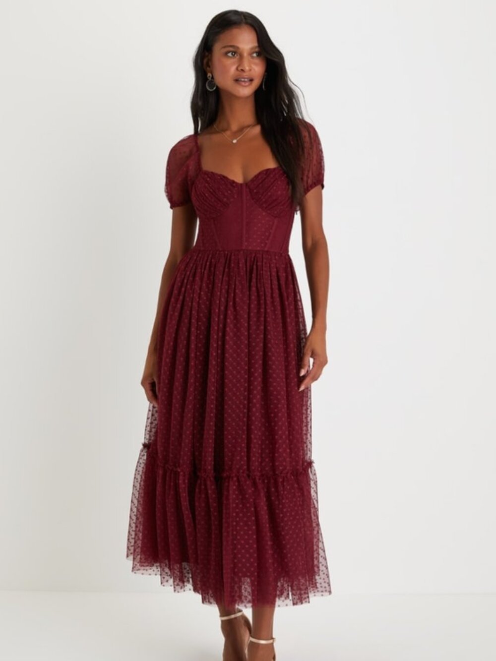 Lulus Sweet Amor Burgundy Tulle Swiss Dot Tiered Bustier Midi Dress - Size S